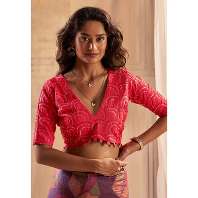 Magenta Printed Nylon Saree With Tassels