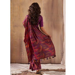 Magenta Printed Nylon Saree With Tassels