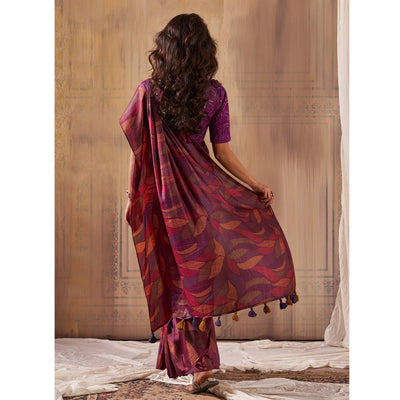 Magenta Printed Nylon Saree With Tassels