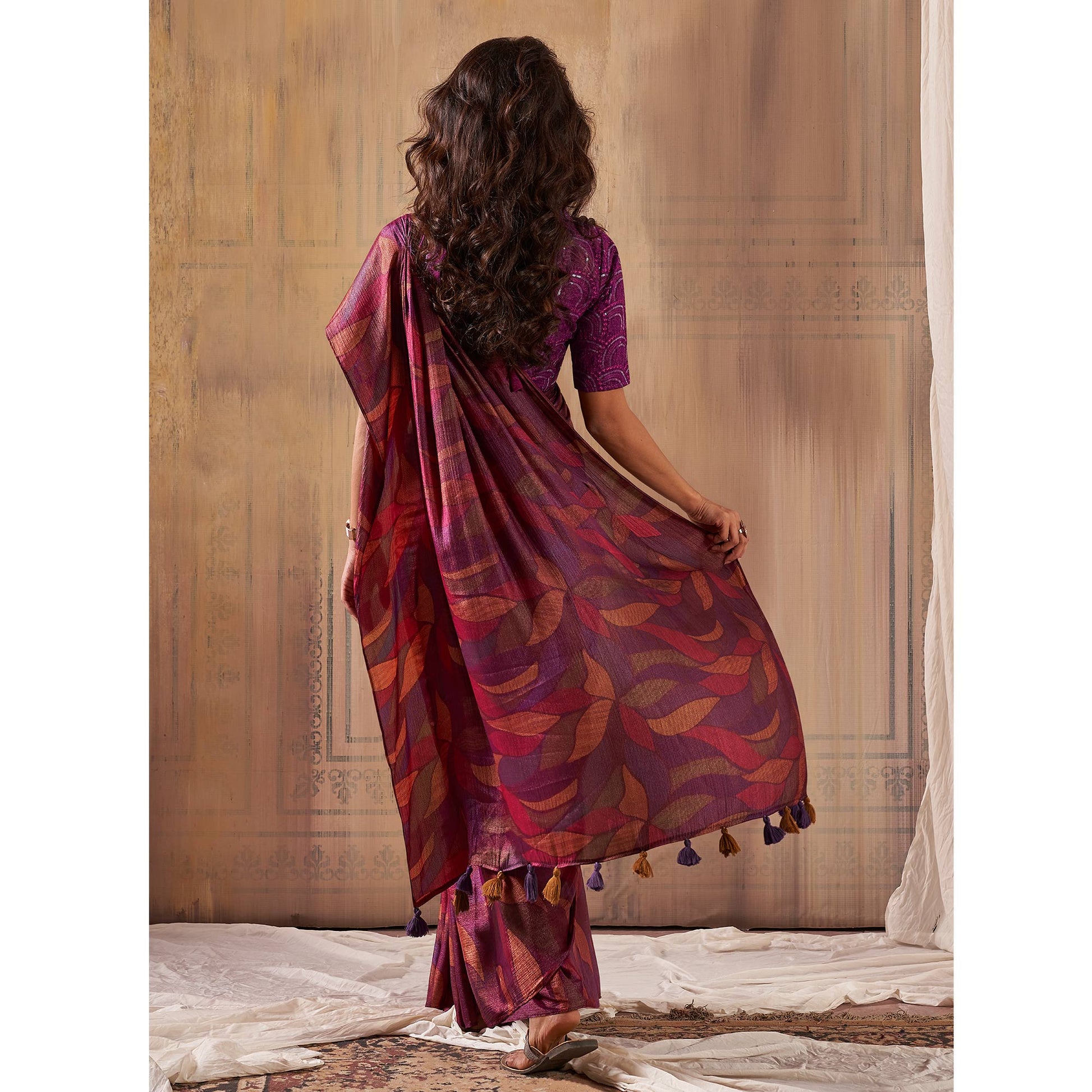 Magenta Printed Nylon Saree With Tassels