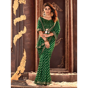 Bottle Green Striped Printed Georgette Saree