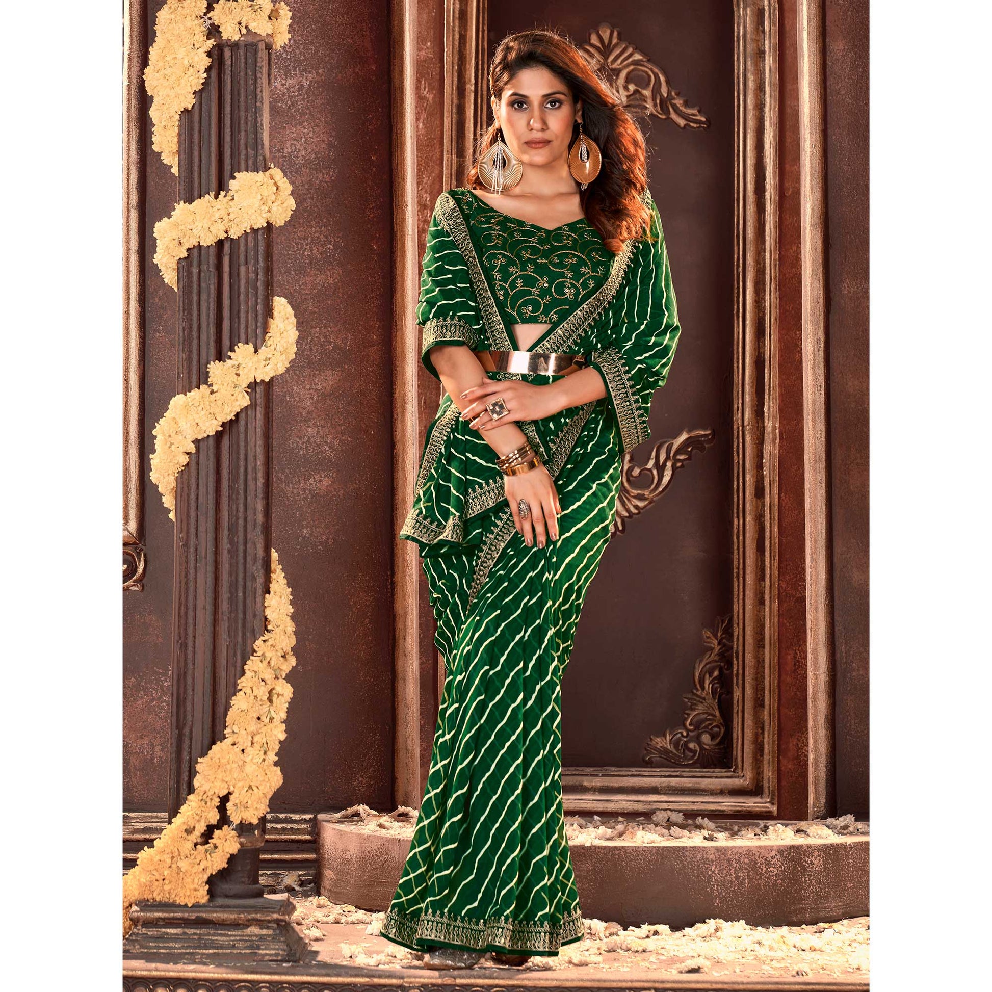 Bottle Green Striped Printed Georgette Saree