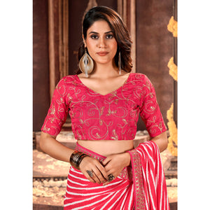 Gajri Pink Striped Printed Georgette Saree