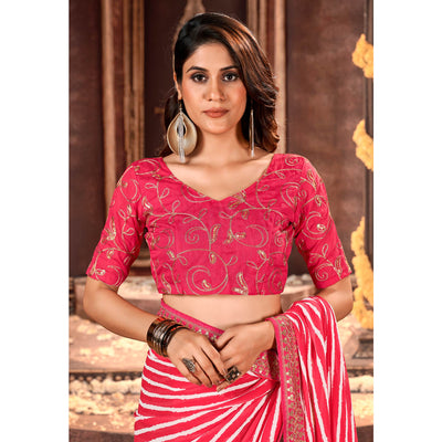 Gajri Pink Striped Printed Georgette Saree