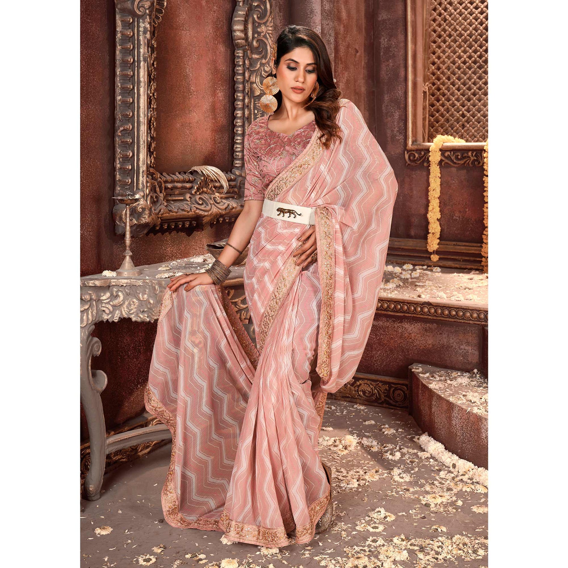 Mauve Striped Printed Georgette Saree