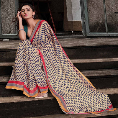 Cream Geometric Printed Cotton Blend Saree