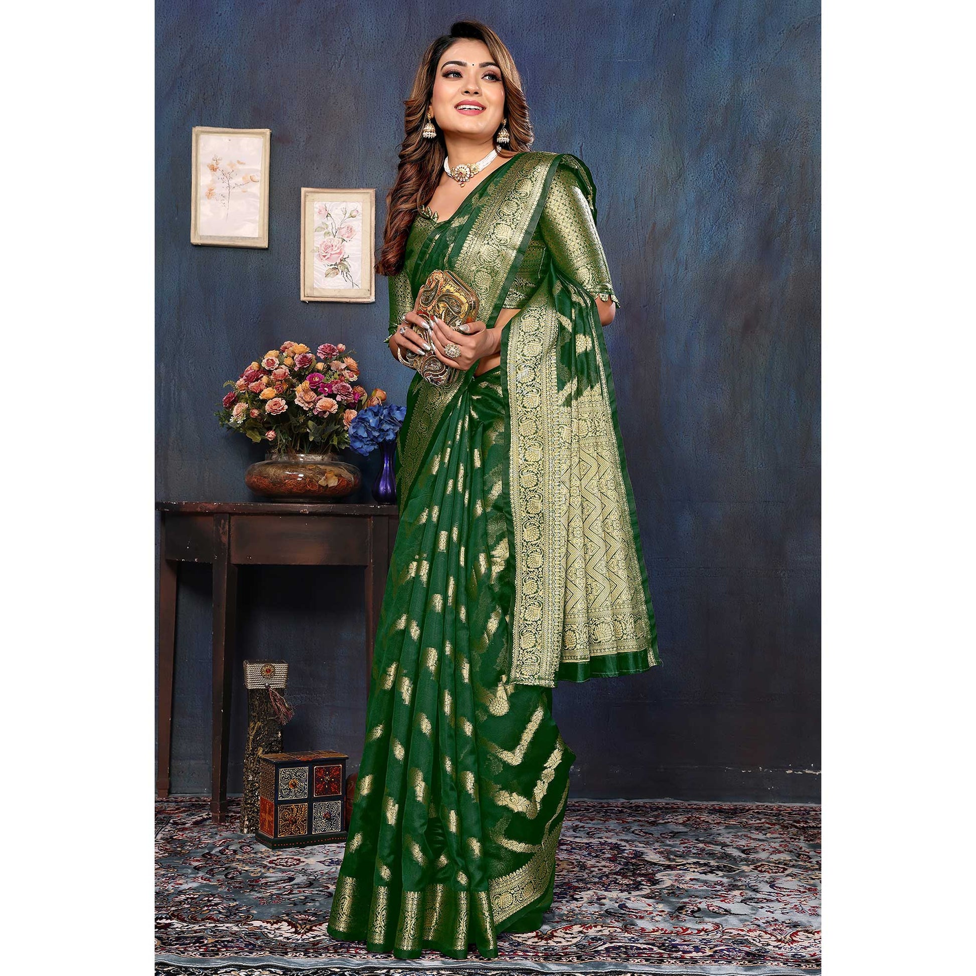 Bottle Green Flora Woven Organza Saree