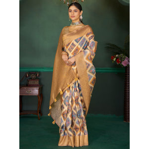 Brown Woven With Floral Digital Printed Cotton Saree