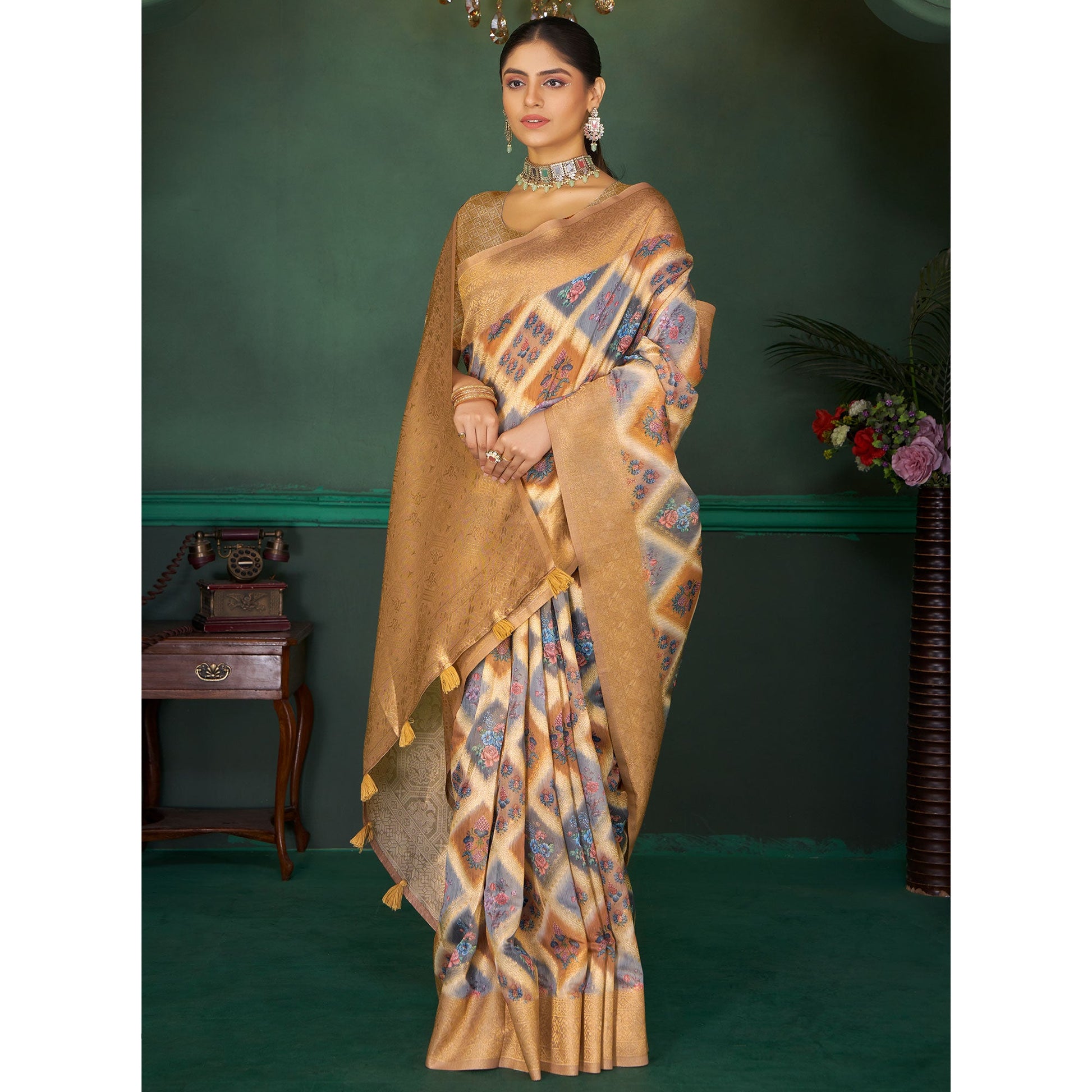 Brown Woven With Floral Digital Printed Cotton Saree