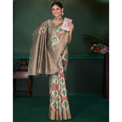 Grey Woven With Floral Digital Printed Cotton Saree