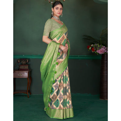 green-woven-with-floral-digital-printed-cotton-saree