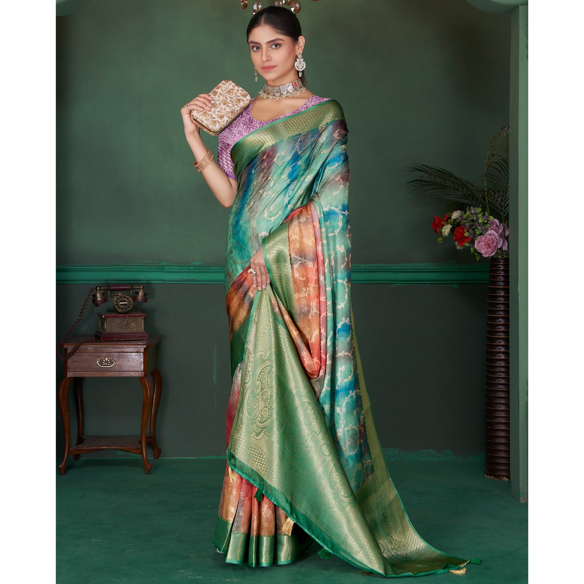green-floral-woven-with-digital-printed-georgette-saree