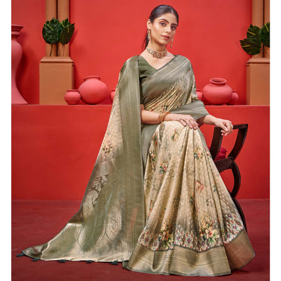 Grey Woven With Floral Digital Printed Georgette Saree