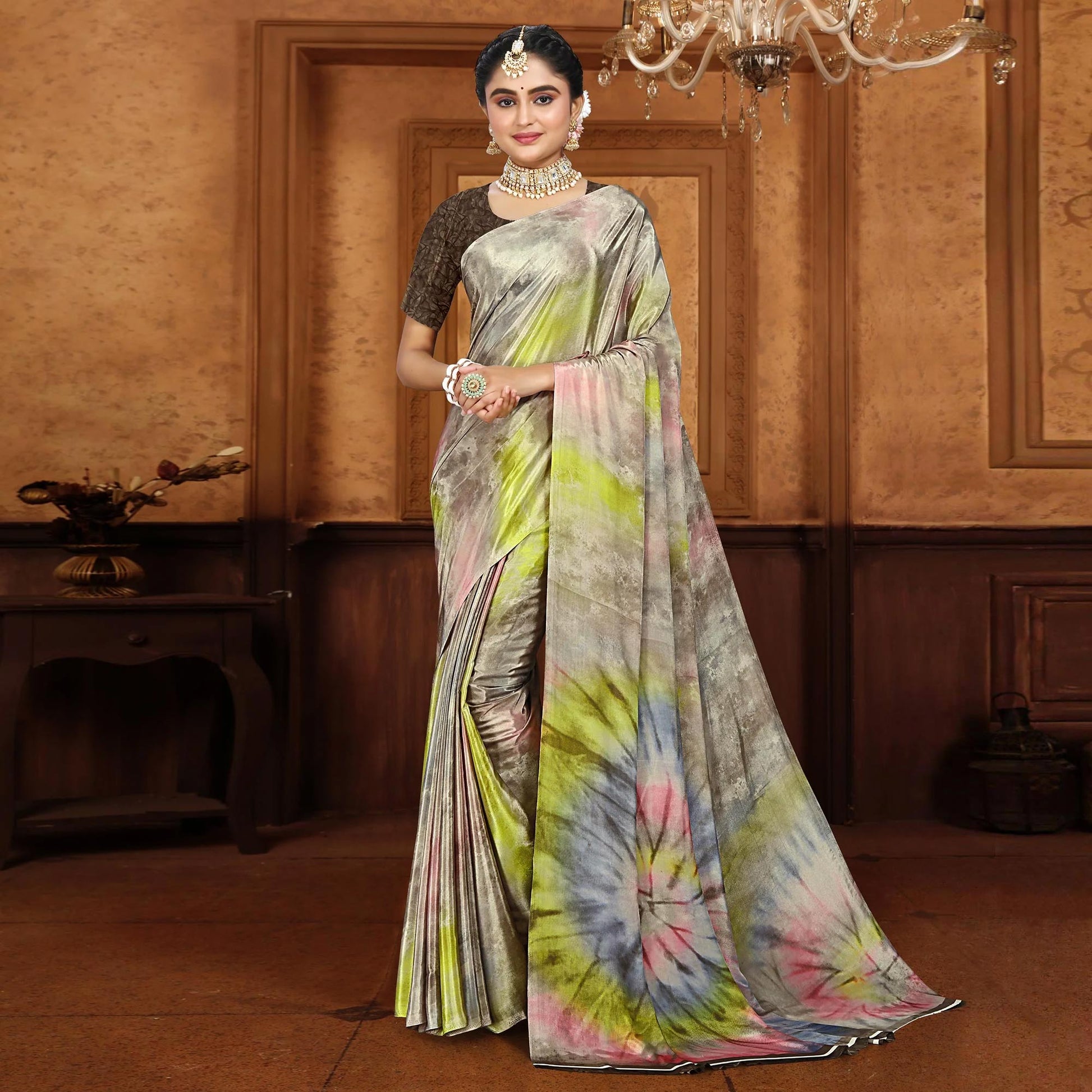 Grey Printed Crepe Silk Saree