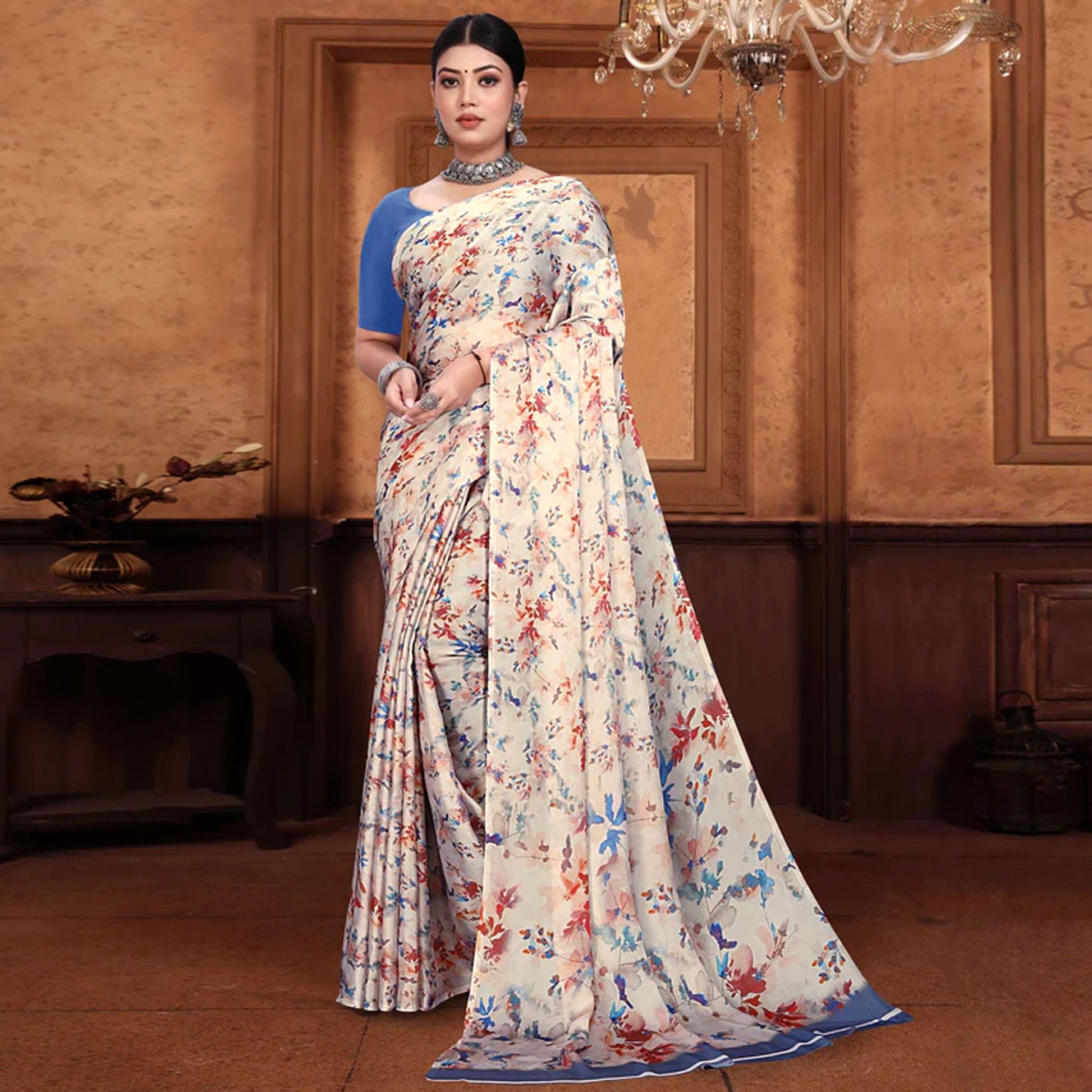 Cream Floral Digital Printed Georgette Saree