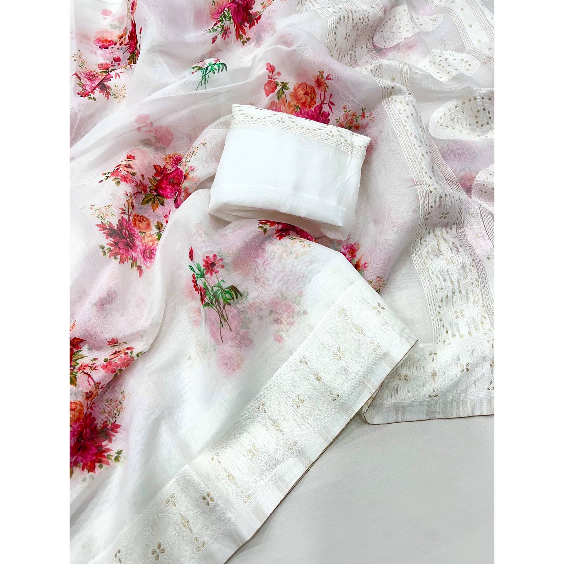 White Woven With Floral Digital Printed Cotton Blend Saree