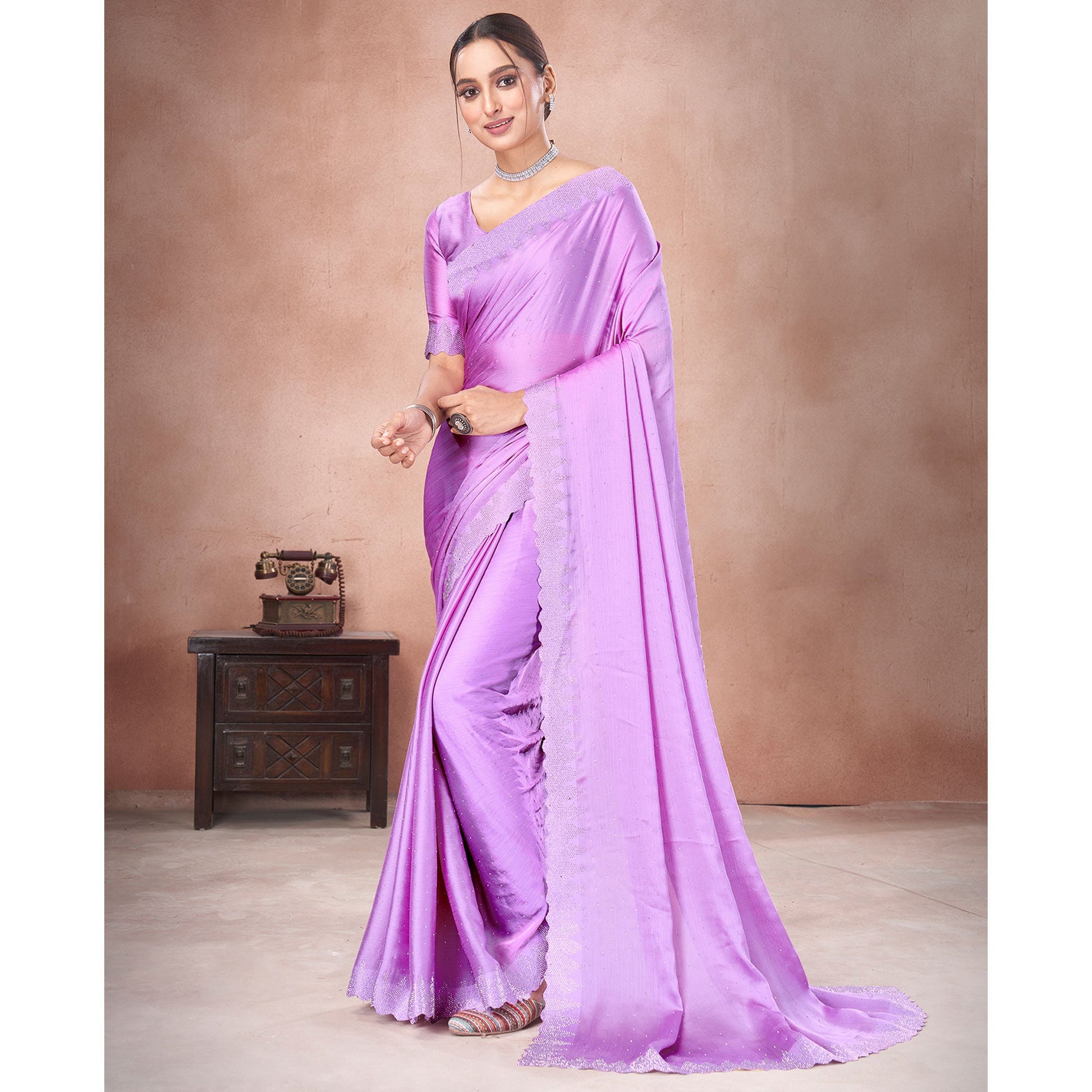 Light Purple Swarovski Work Satin Saree
