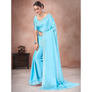 Blue Swarovski Work Satin Saree