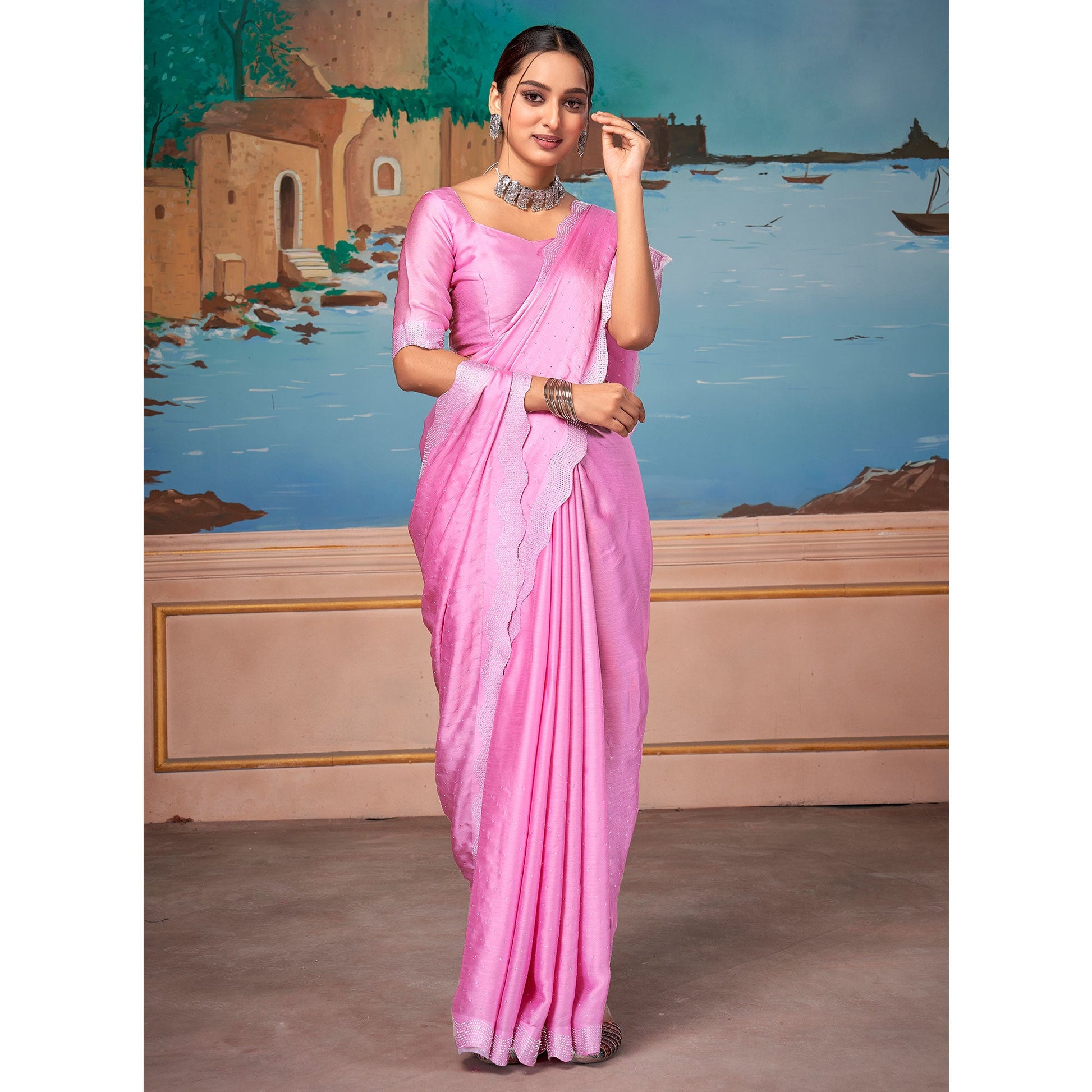 Light Pink Swarovski Work Satin Saree