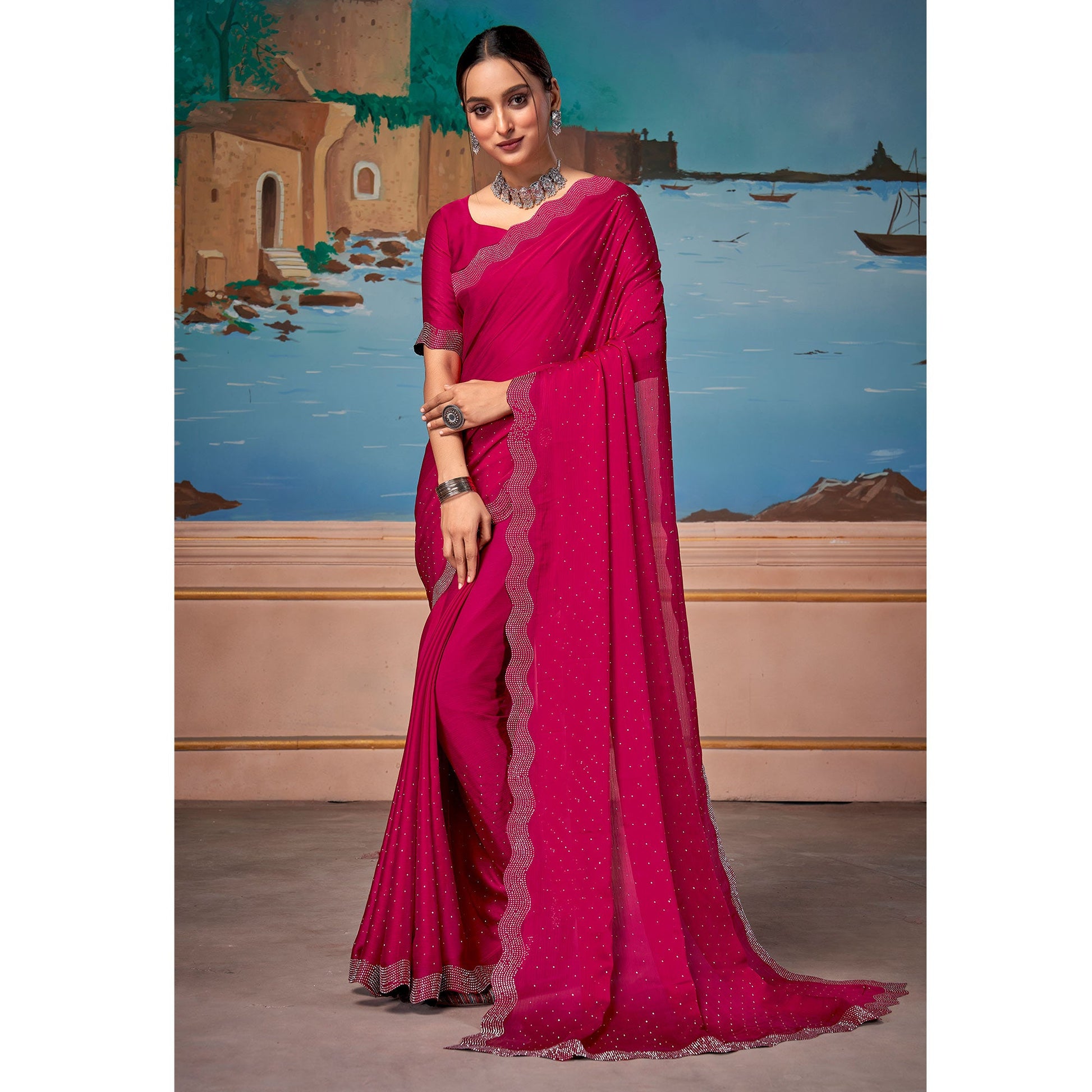 Cherry Pink Swarovski Work Satin Saree