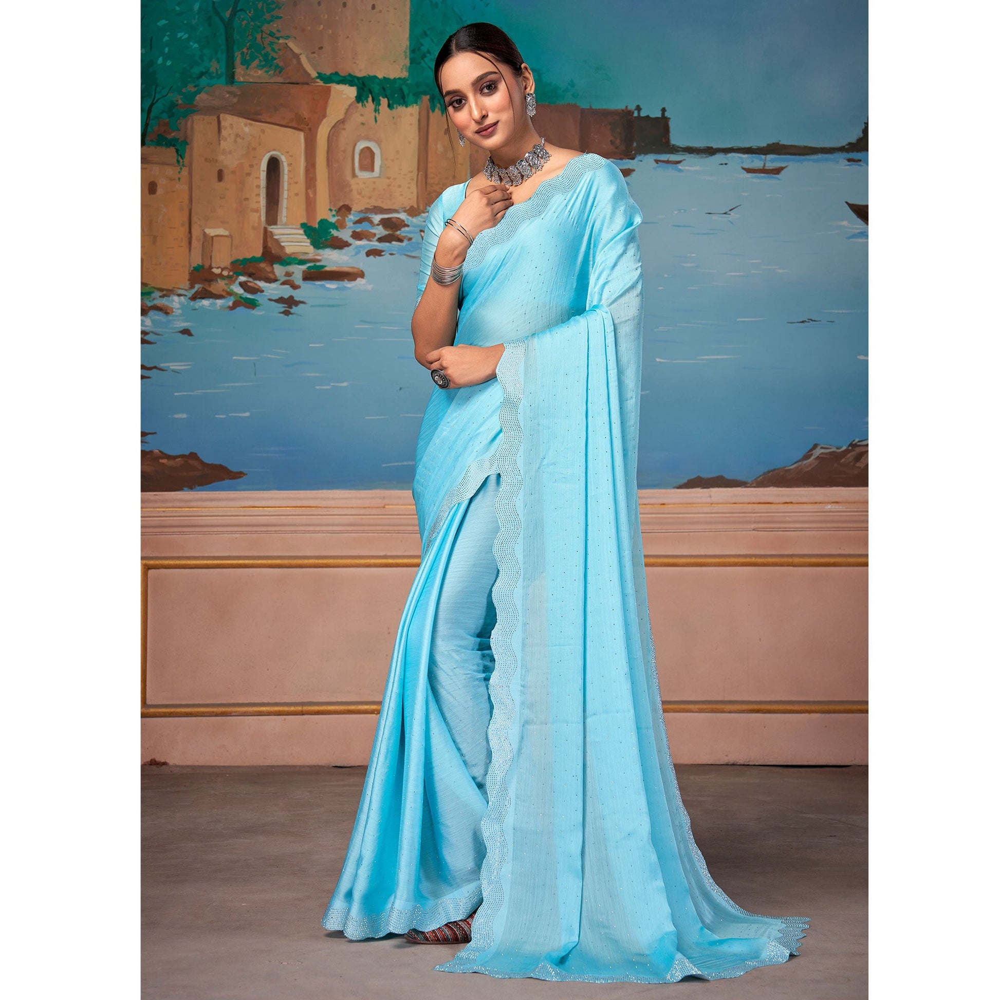 Light Blue Swarovski Work Satin Saree