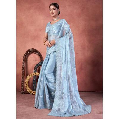 Greyish Blue Floral Sequins Embroidered chiffon Saree
