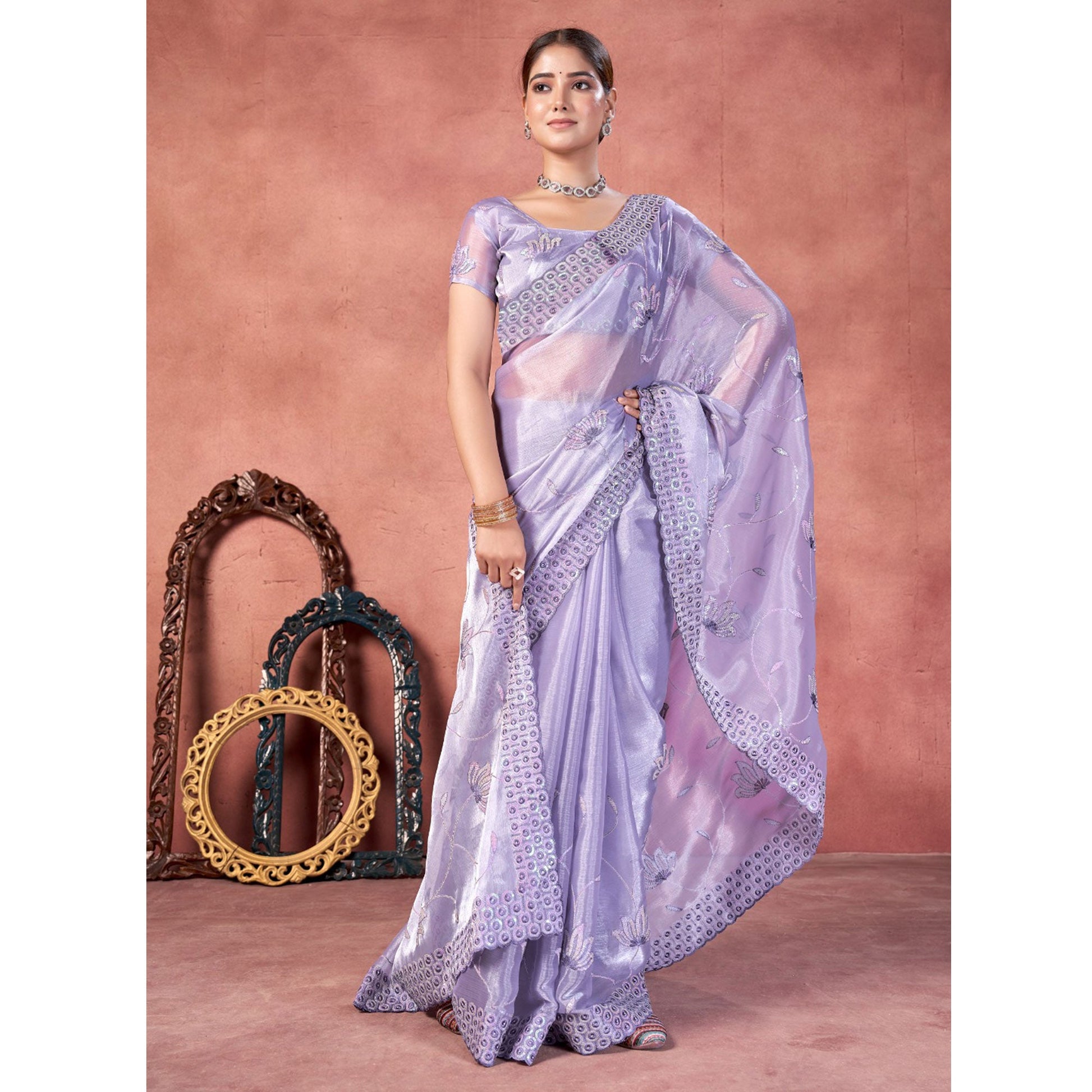 Lavender Floral Sequins Embroidered chiffon Saree