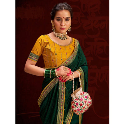 Dark Green Embroidered Vichitra Silk Saree With Tassels