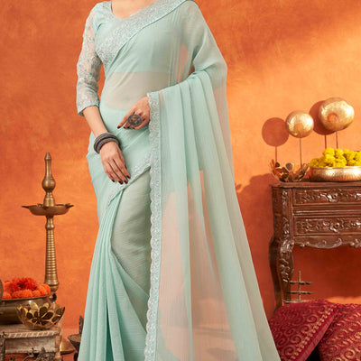 Mint Green Embroidered Crunchy Soft Net Saree With Embellished Border
