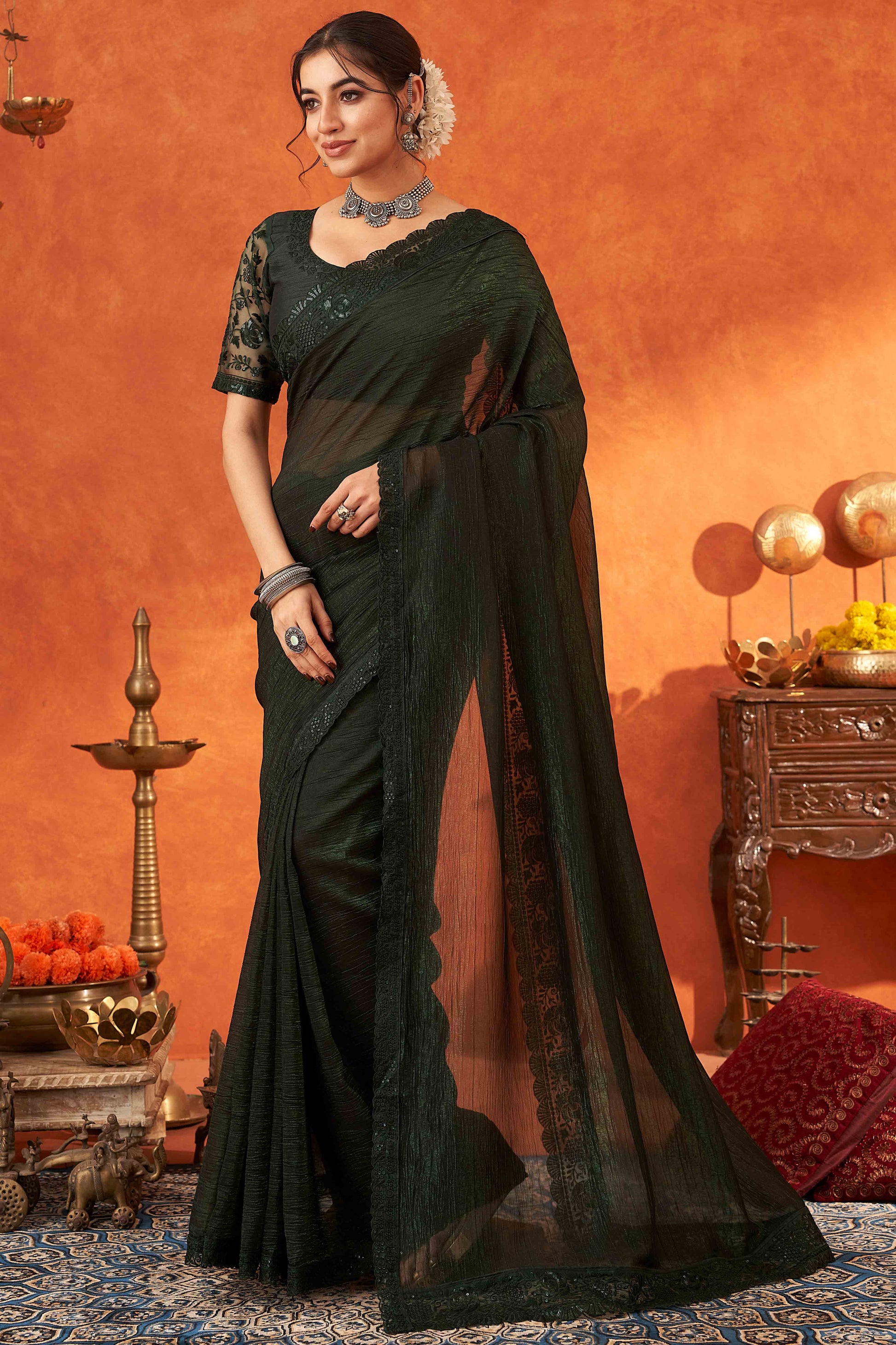 green-embroidered-crunchy-soft-net-saree-with-embellished-border