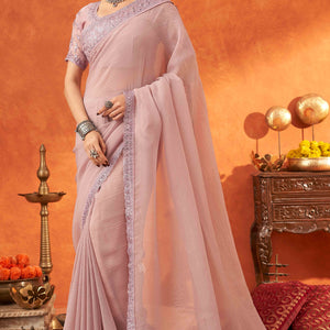 Lavender Embroidered Crunchy Soft Net Saree With Embellished Border
