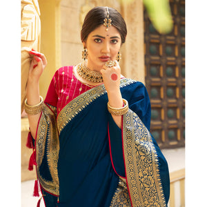 Blue Solid With Embroidered Border Vichitra Silk Saree