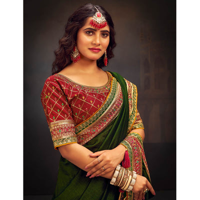 Mehandi Green Solid With Embroidered Border Vichitra Silk Saree