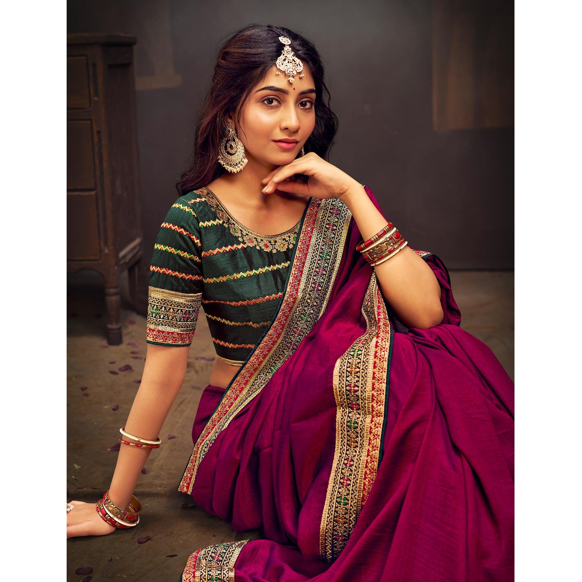 Magenta Solid With Embroidered Border Vichitra Silk Saree