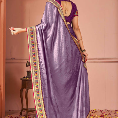Lavender Swarovski Work Satin Rangoli Saree With Embroidered Border