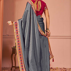 Grey Swarovski Work Satin Rangoli Saree With Embroidered Border