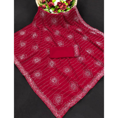Cherry Red Floral Swarovski Work Georgette Saree