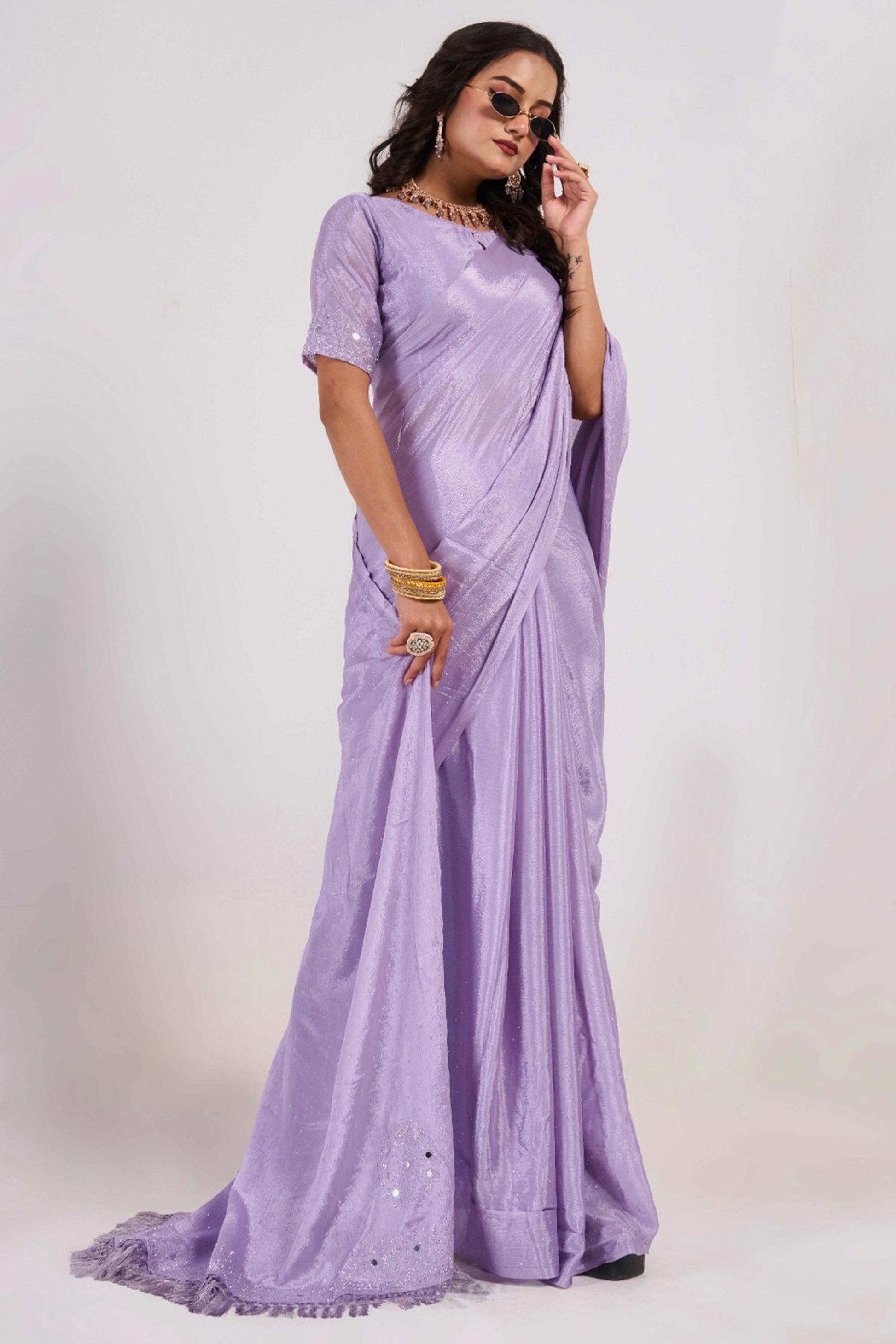 Lavender Swarovski With Mirror Work Chinon Saree
