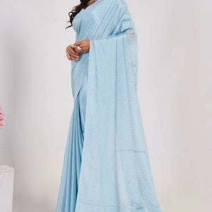 Blue Swarovski With Mirror Work Chinon Saree