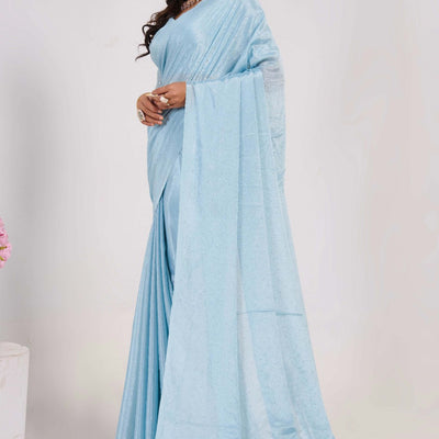 Blue Swarovski With Mirror Work Chinon Saree