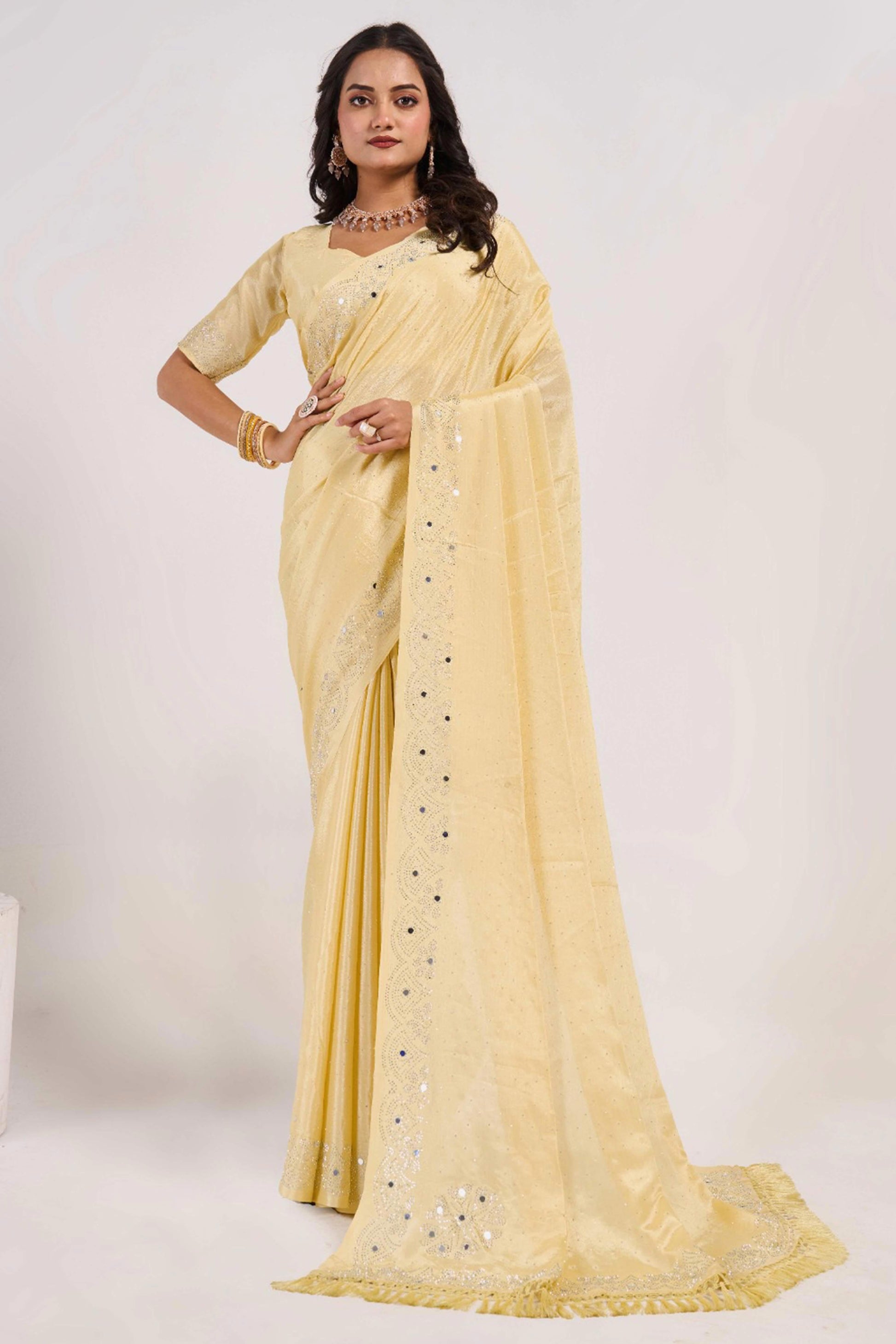 Light Yellow Swarovski With Mirror Work Chinon Saree