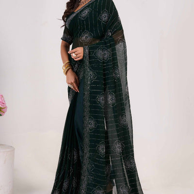 Dark Green Swarovski Work Georgette Saree