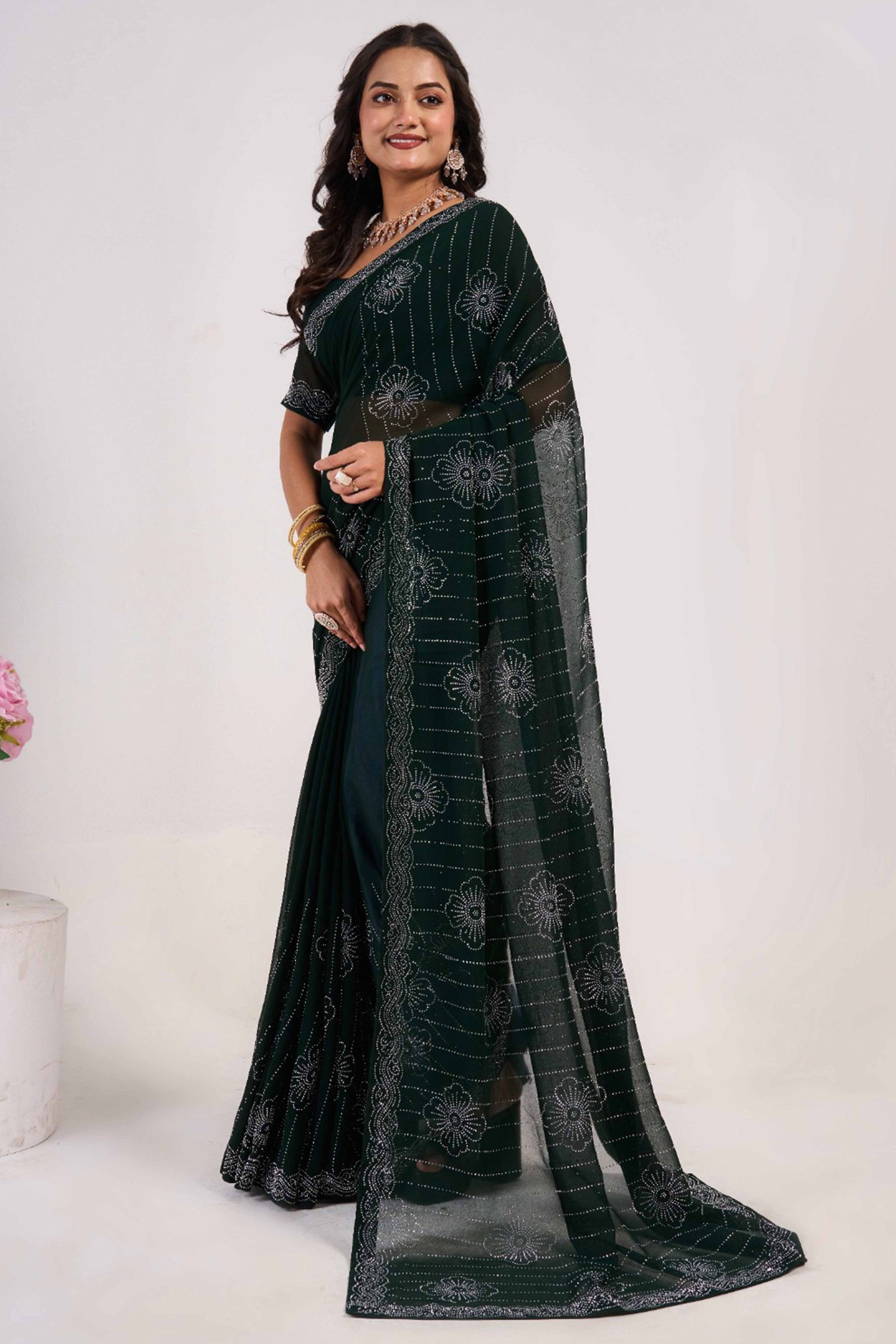 Dark Green Swarovski Work Georgette Saree