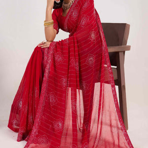Cherry Red Swarovski Work Georgette Saree