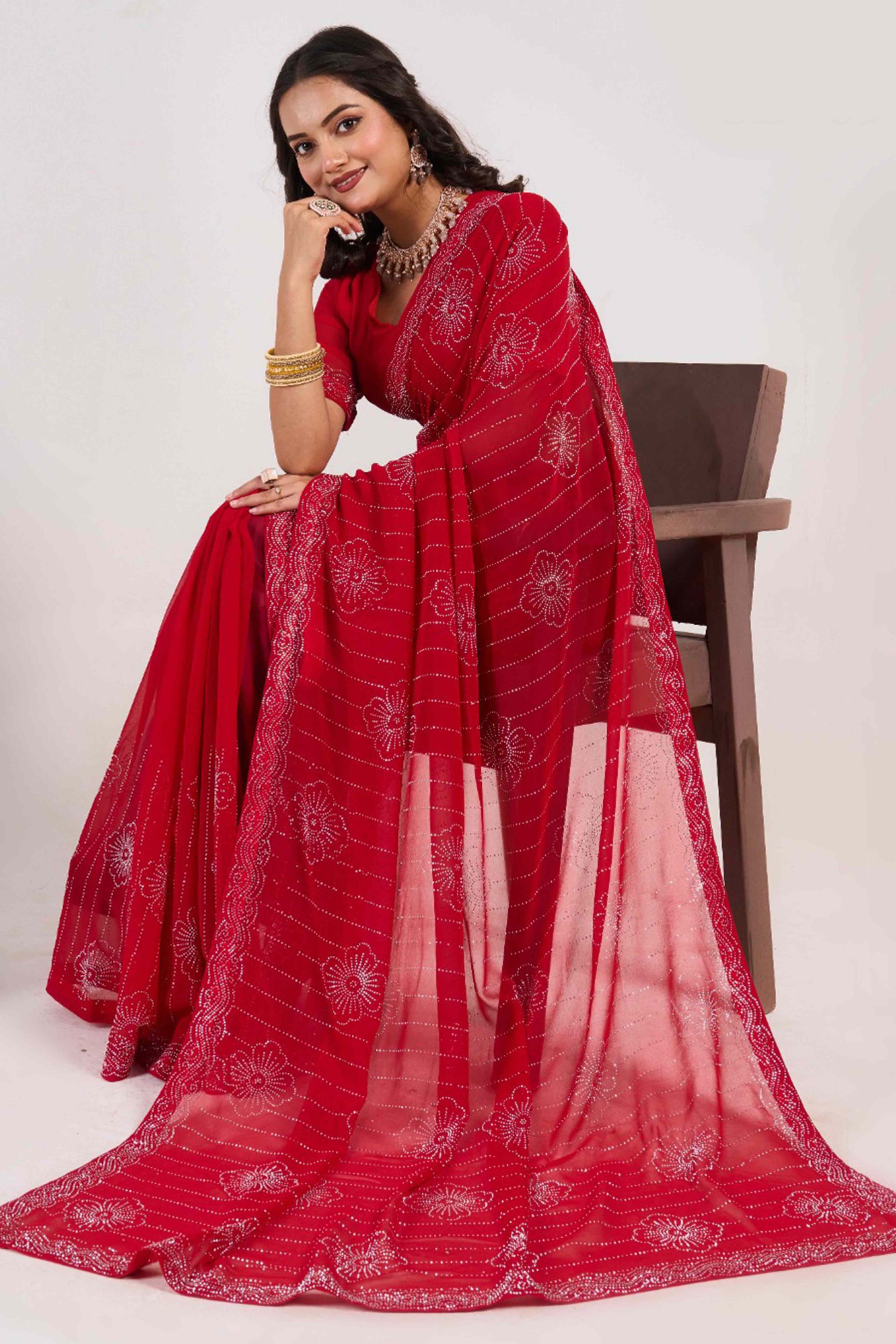Cherry Red Swarovski Work Georgette Saree