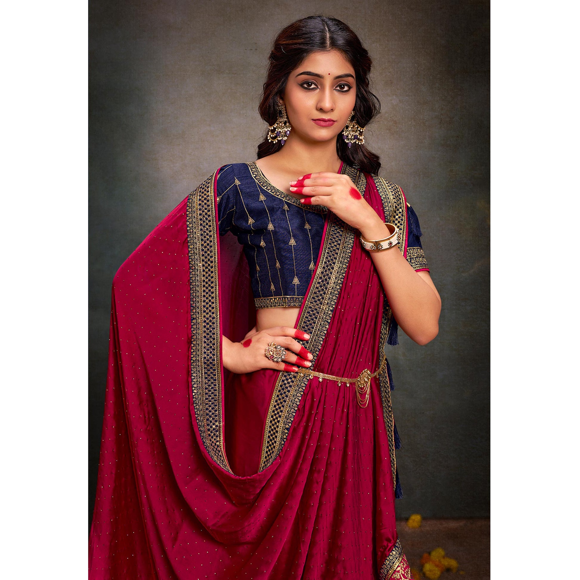 Magenta Swarovski Work Satin Saree With Tassels
