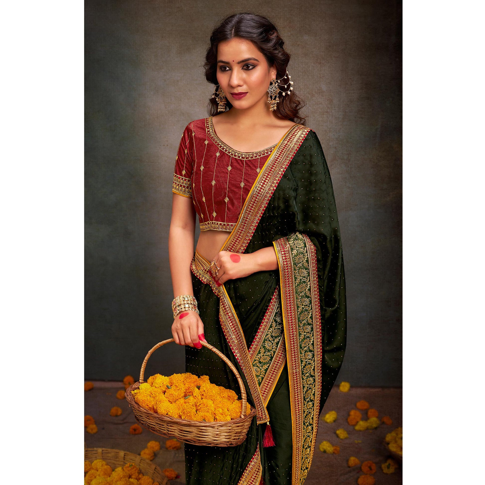 Mehandi Green Swarovski Work Satin Saree With Tassels