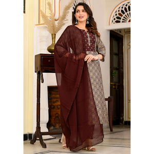 Brown Printed Chanderi Suit