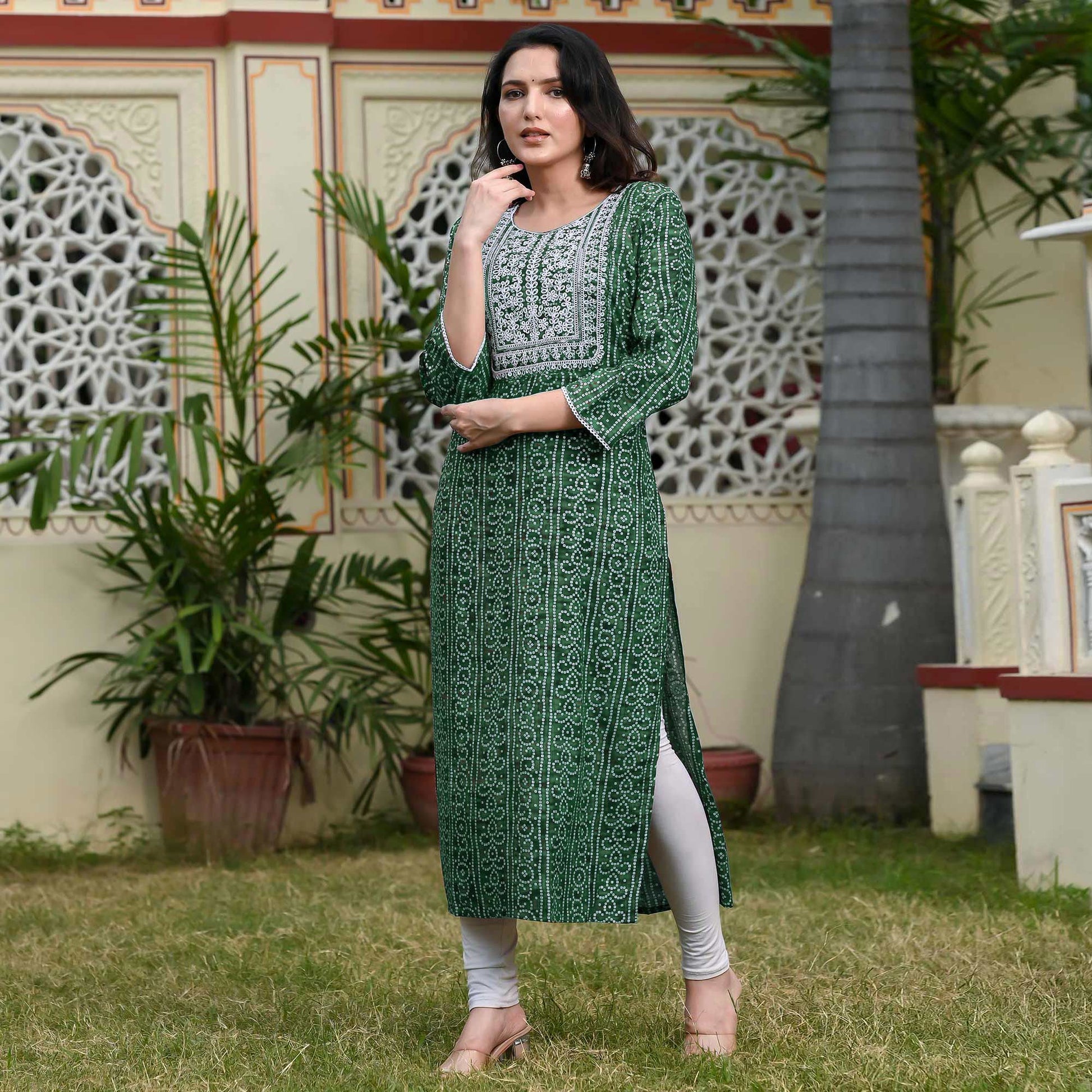 green-foil-bandhani-printed-with-embroidered-rayon-kurti
