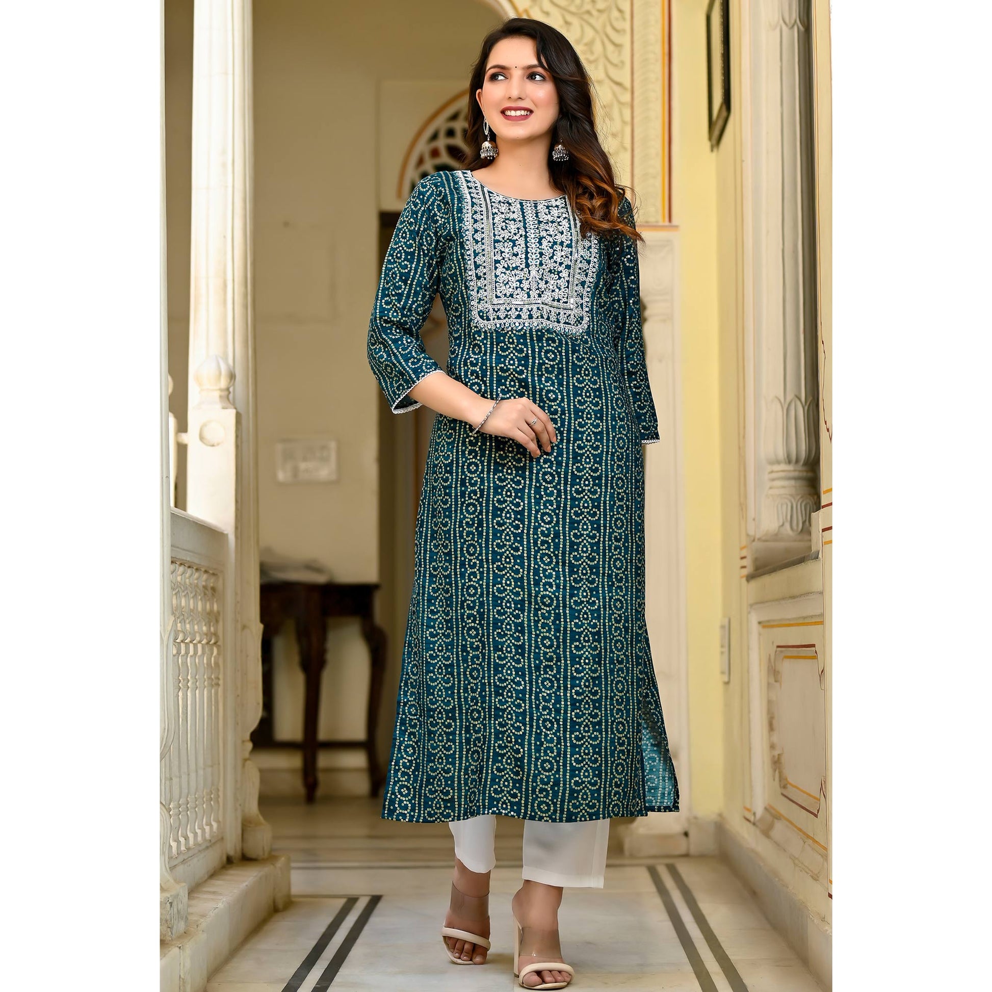 Morpich Foil Bandhani Printed With Embroidered Rayon Kurti
